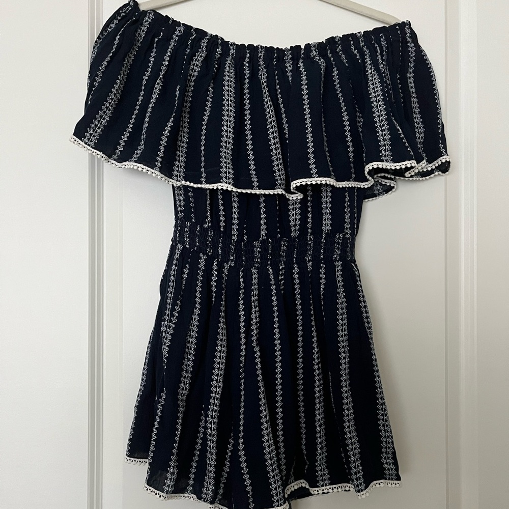 Lulus Blue and White Off The Shoulder Romper, size XS